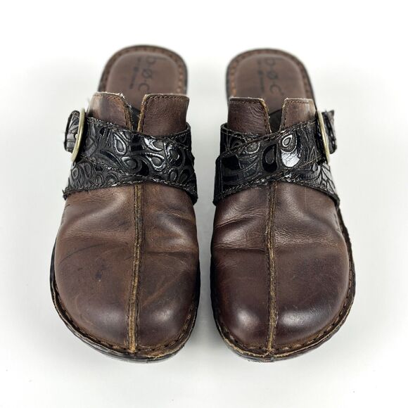 BOC Born Concept Brown Clogs wedge heel brass buckle tooled black straps SZ 8 - Picture 8 of 12